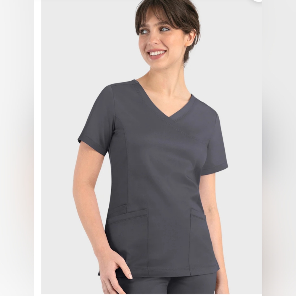Maevn Matrix 3701  Curved Mock Wrap Scrub Top In Pewter